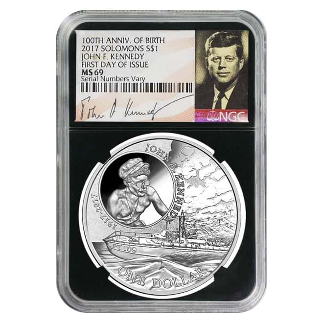 2017 1 oz Silver JFK Solomon Islands NGC MS 69 FDOI First Day of Issue (JFK Signature Label Retro)