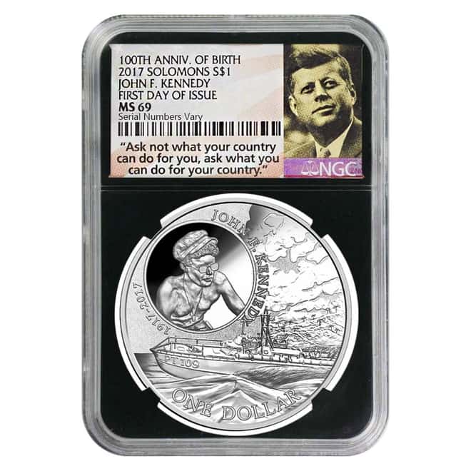 2017 1 oz Silver JFK Solomon Islands NGC MS 69 FDOI First Day of Issue (JFK Ask Not Label Retro)