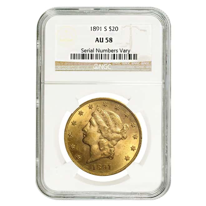 1891 S $20 Liberty Head Double Eagle Gold Coin NGC AU 58