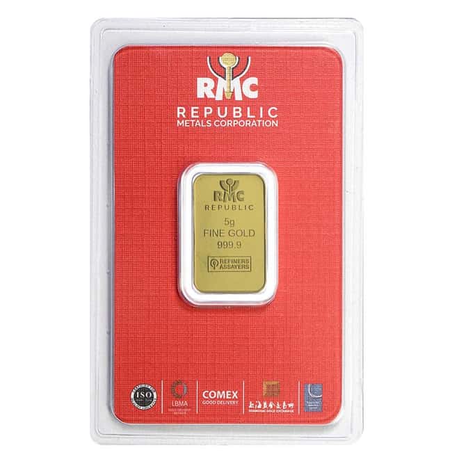 5 gram Republic Metals (RMC) Gold Bar .9999 Fine (In Assay)