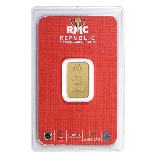 2.5 gram Republic Metals (RMC) Gold Bar .9999 Fine (In Assay)