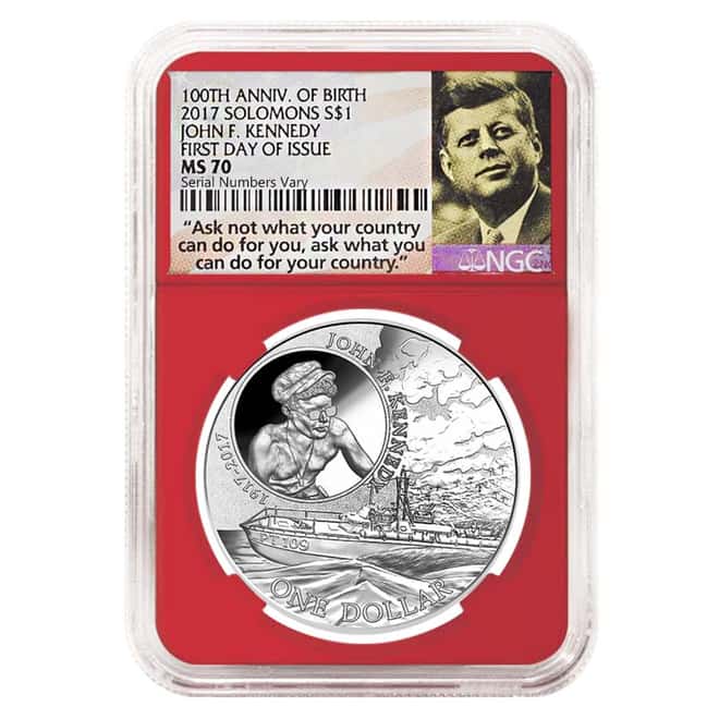 2017 1 oz Silver JFK Solomon Islands NGC MS 70 FDOI First Day of Issue (JFK Ask Not Label Red)
