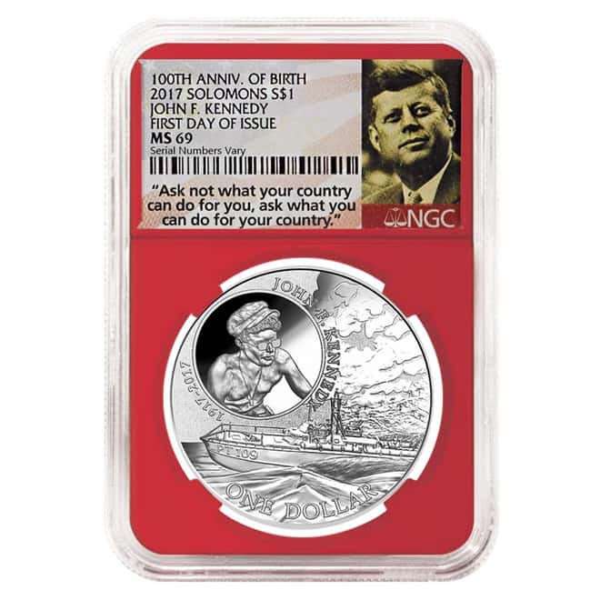 2017 1 oz Silver JFK Solomon Islands NGC MS 69 FDOI First Day of Issue (JFK Ask Not Label Red)