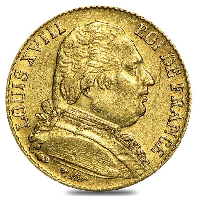 France Gold 20 Francs Louis XVIII Avg Circ AGW .1867 (Random Year,1814-1815)