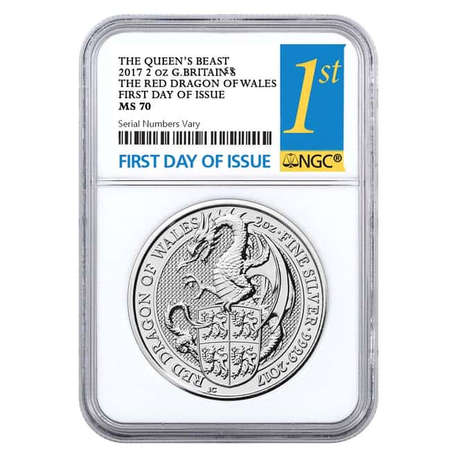 2017 Great Britain 2 oz Silver Queen's Beast (Red Dragon) Coin NGC MS 70 First Day of Issue