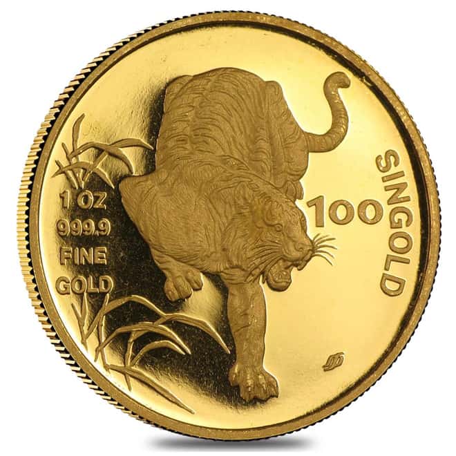 1986 1 oz Singapore 100 Singold Year of the Tiger Gold Proof-Like Coin (Sealed)
