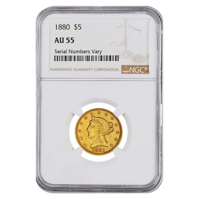 1880 $5 Liberty Head Half Eagle Gold Coin NGC AU 55