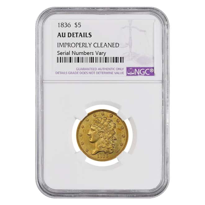 1836 $5 Classic Head Half Eagle Gold Coin NGC AU Details