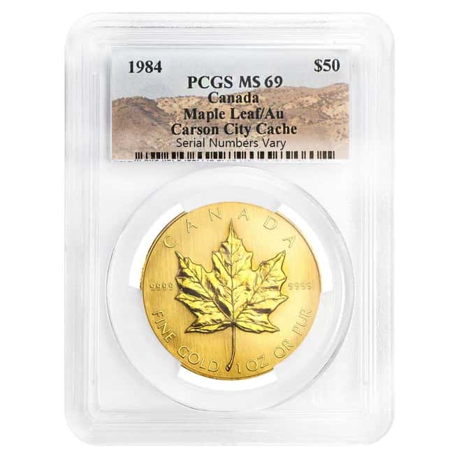 1984 1 oz Canadian Gold Maple Leaf $50 PCGS MS 69 (Carson City Cache Label)