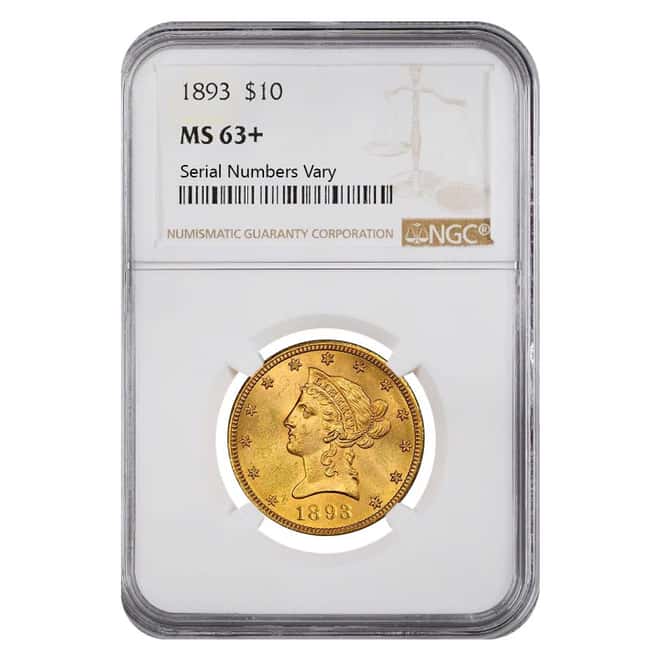 1893 $10 Liberty Head Gold Eagle Coin NGC MS 63+
