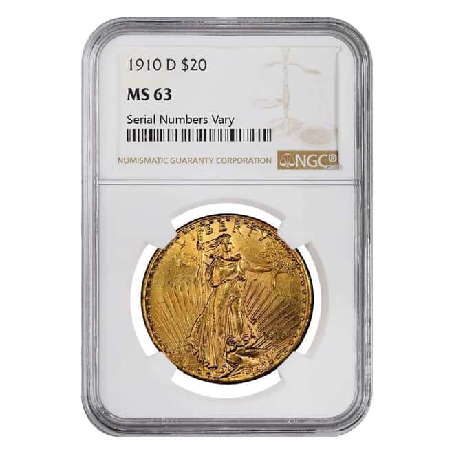 1910 D $20 St. Gaudens Gold Double Eagle NGC MS 63