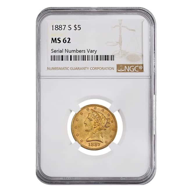 1887 S $5 Liberty Head Half Eagle Gold Coin NGC MS 62
