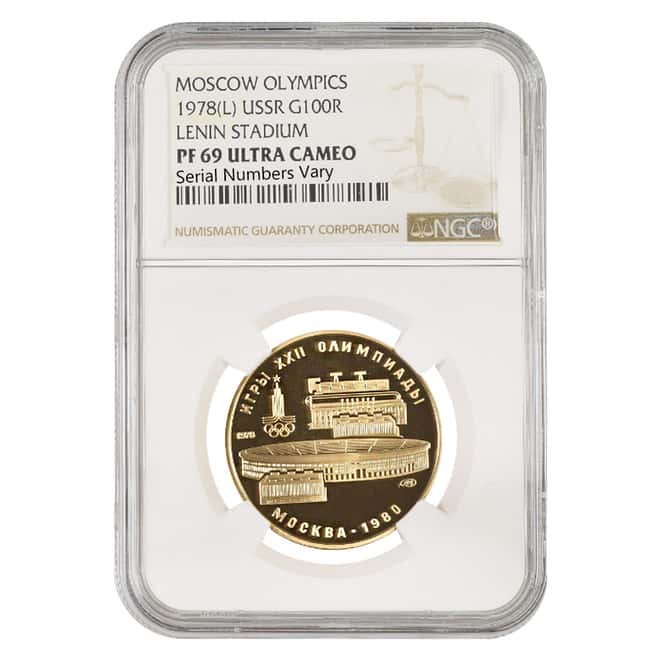 1978 Russia Gold .5 oz AGW Moscow Olympics Lenin Stadium 100 Roubles NGC PF 69 UCAM