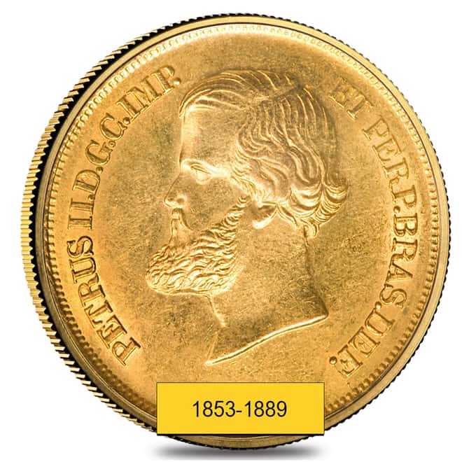 10,000 Reis Brazil Pedro II Gold Coin Avg Circ AGW .2643 oz (1853-1889, Random Year)