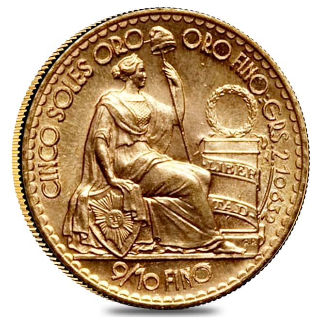 5 Soles Peru Gold Coin AU/BU AGW .0677 oz (Random Year, 1956 - 1969)