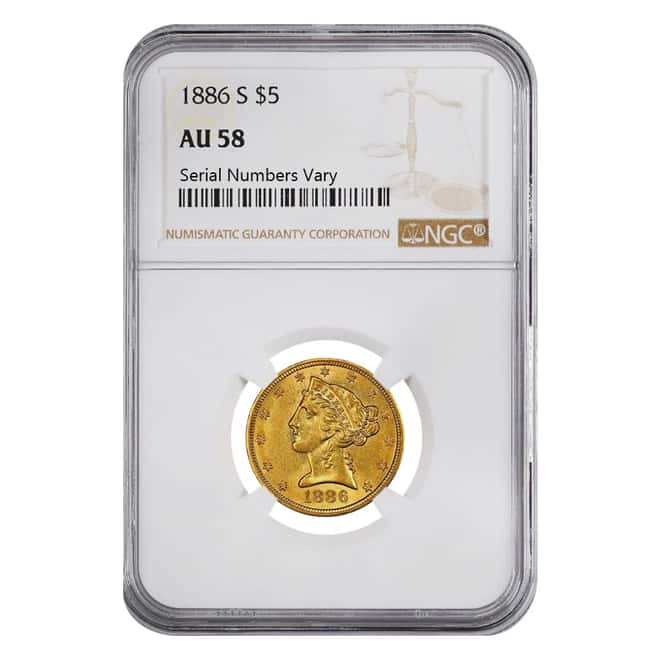 1886 S $5 Liberty Head Half Eagle Gold Coin NGC AU 58