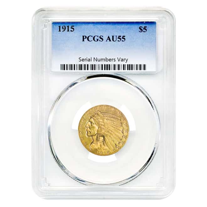 1915 $5 Gold Half Eagle Indian Head PCGS AU 55