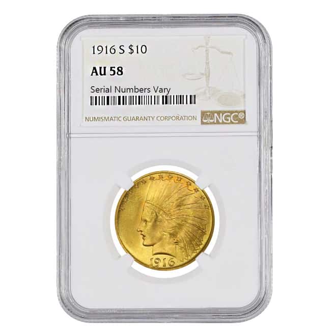 1916 S $10 Gold Indian Head Eagle Coin NGC AU 58