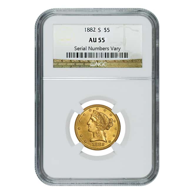 1882 S $5 Liberty Head Half Eagle Gold Coin NGC AU 55