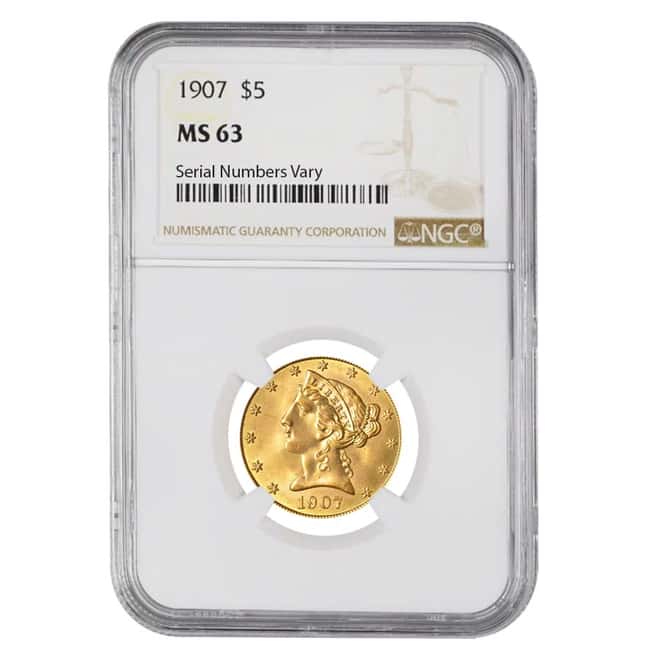 1907 $5 Liberty Head Half Eagle Gold Coin NGC MS 63