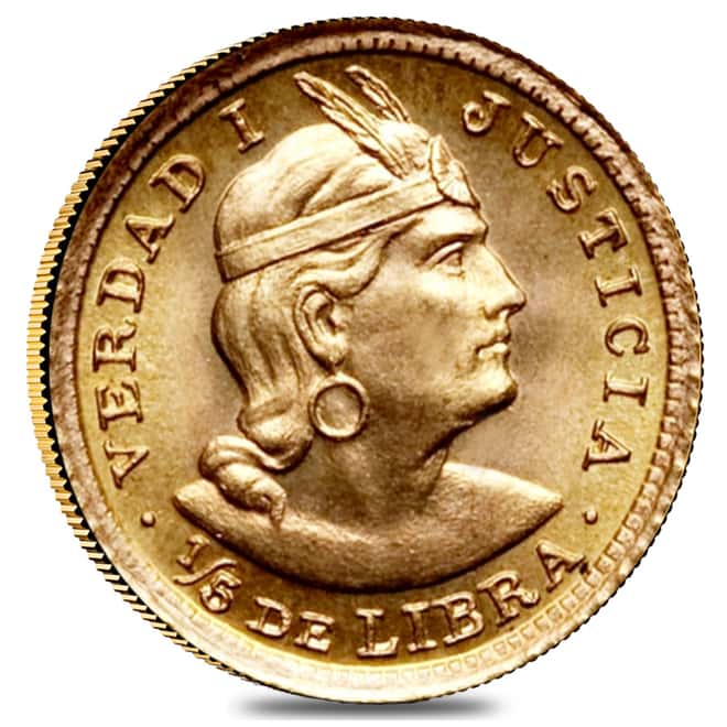 1/5 Libra Peru Gold Coin BU AGW .0471 oz (Random Year, 1906 - 1969)