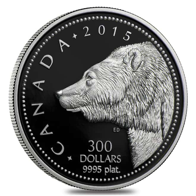 2015 1 oz Platinum Canadian Grizzly Bear $300 Proof Coin (w/Box & COA)