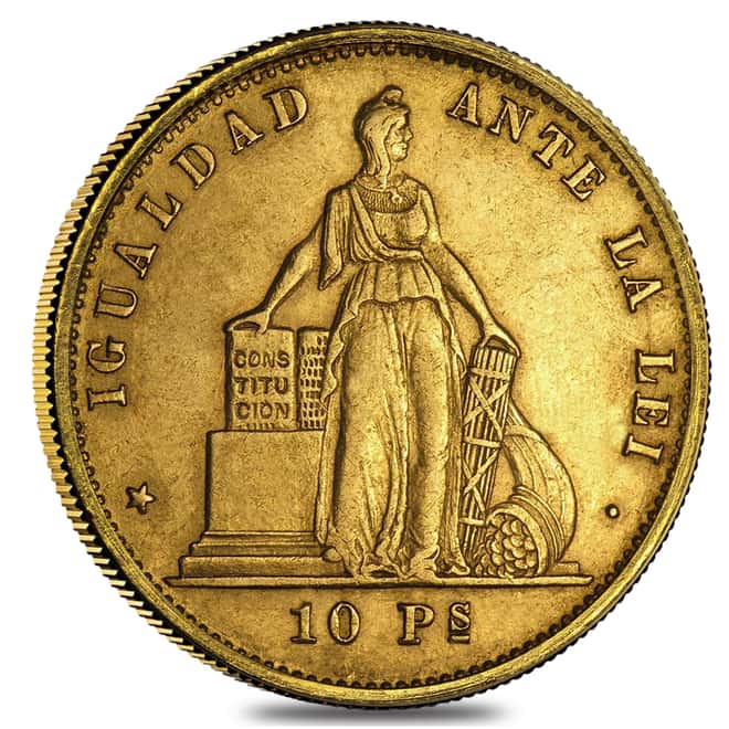 10 Pesos Chile Gold Coin Scruffy AGW .4413 oz (Random Year,1854-1867)