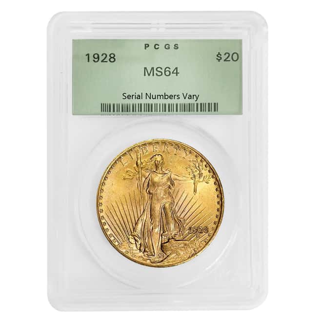 1928 $20 Gold Saint Gaudens Double Eagle Coin PCGS MS 64