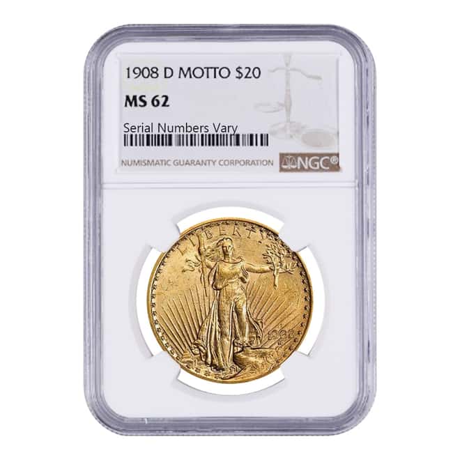 1908 D $20 Gold Saint Gaudens Double Eagle Motto NGC MS 62