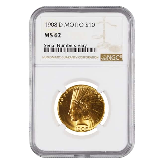 1908 D $10 Indian Head Gold Eagle Motto NGC MS 62