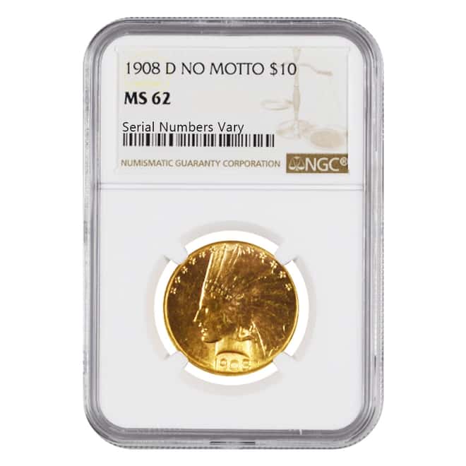 1908 D $10 Indian Head Gold Eagle No Motto NGC MS 62