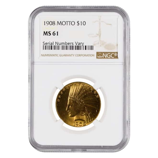 1908 $10 Indian Head Gold Eagle Motto NGC MS 61