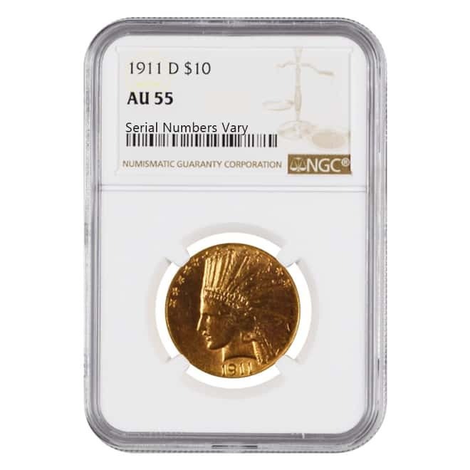 1911 D $10 Indian Head Gold Eagle Coin NGC AU 55