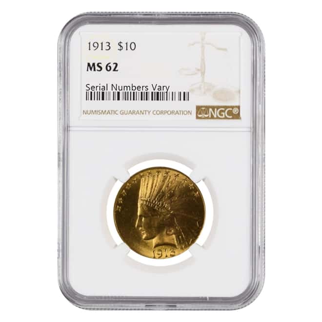 1913 $10 Indian Head Gold Eagle Coin NGC MS 62