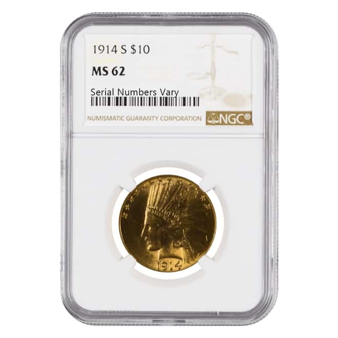 1914 S $10 Indian Head Gold Eagle Coin NGC MS 62