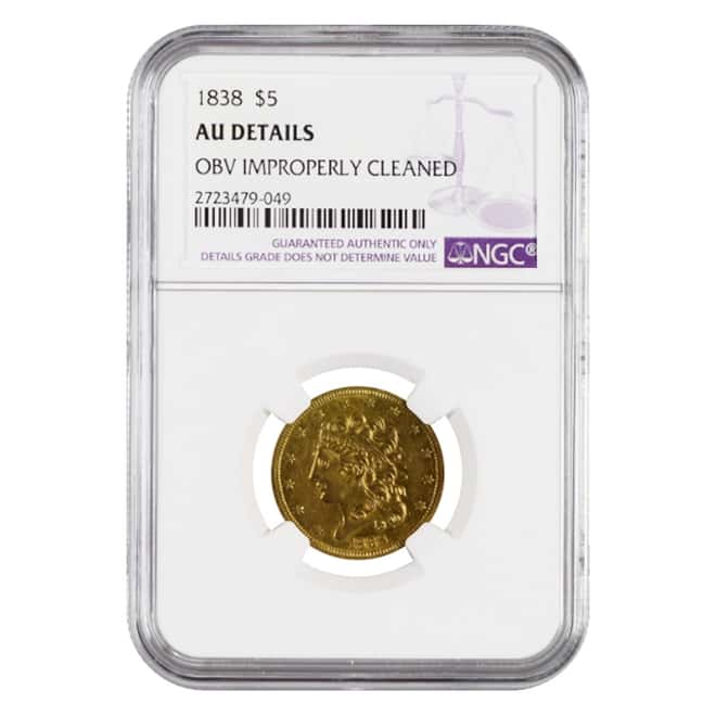 1838 $5 Classic Head Half Eagle Gold Coin NGC AU Details