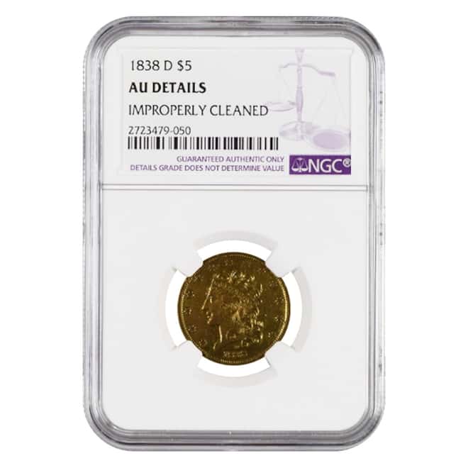 1838 D $5 Classic Head Half Eagle Gold Coin NGC AU Details