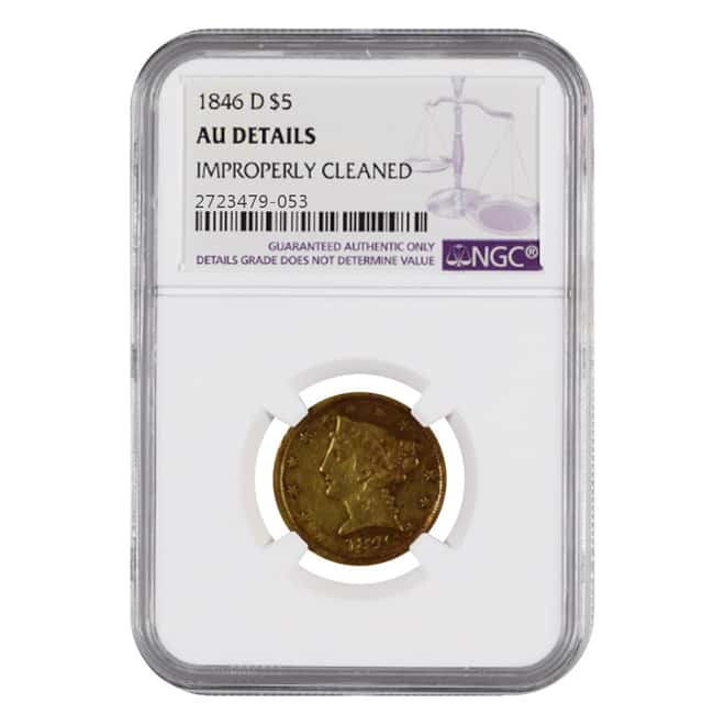 1846 D $5 Liberty Head Half Eagle Gold Coin NGC AU Details