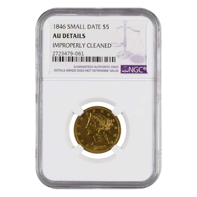 1846 Small Date $5 Liberty Head Half Eagle Gold Coin NGC AU Details