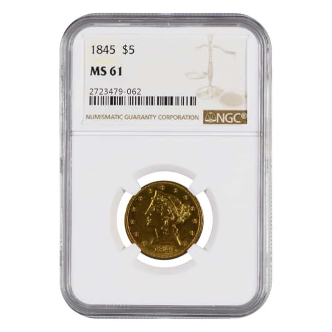 1845 $5 Liberty Head Half Eagle Gold Coin NGC MS 61