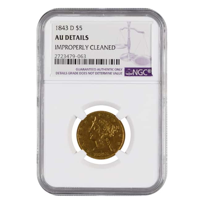 1843 D $5 Liberty Head Half Eagle Gold Coin NGC AU Details