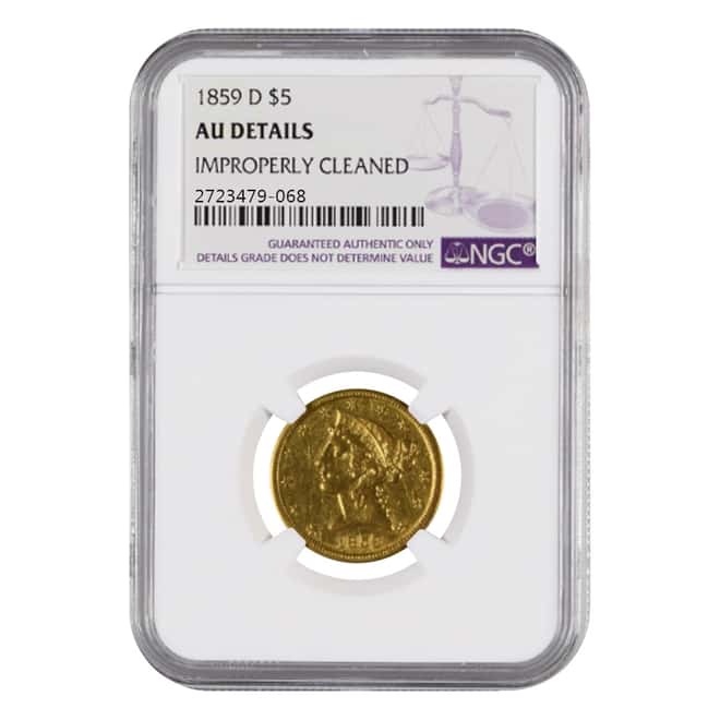 1859 D $5 Liberty Head Half Eagle Gold Coin NGC AU Details