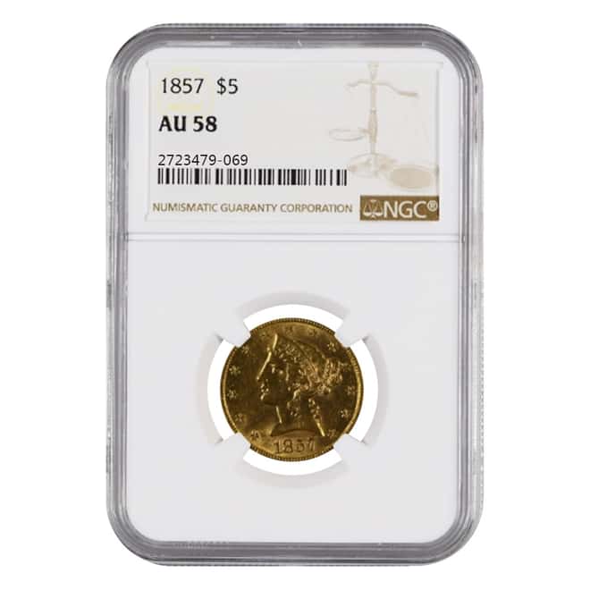 1857 $5 Liberty Head Half Eagle Gold Coin NGC AU 58