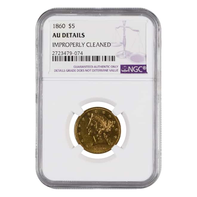 1860 $5 Liberty Head Half Eagle Gold Coin NGC AU Details
