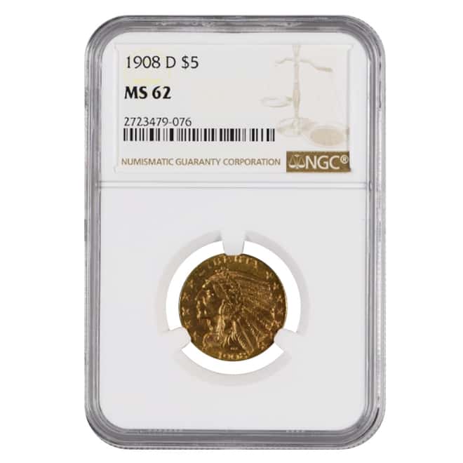 1908 D $5 Indian Head Half Eagle Gold Coin NGC MS 62