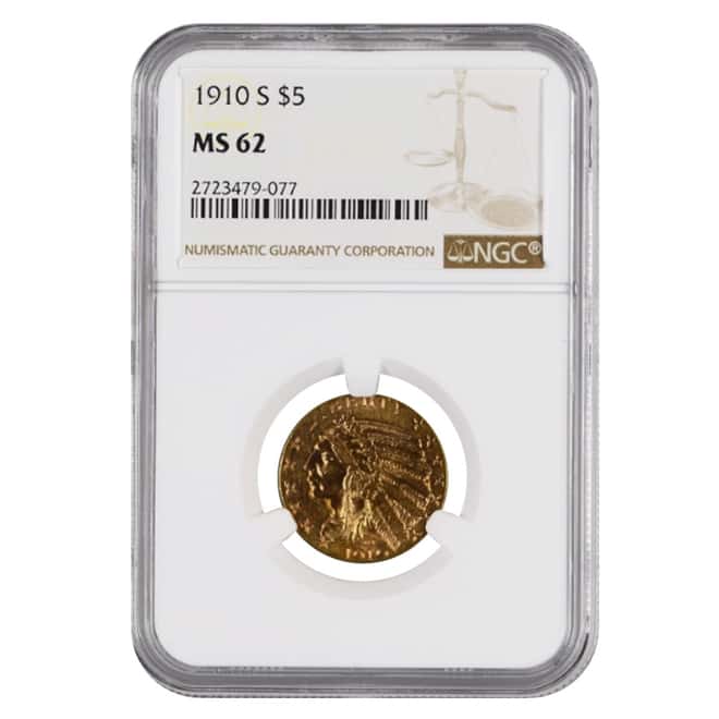 1910 S $5 Indian Head Half Eagle Gold Coin NGC MS 62