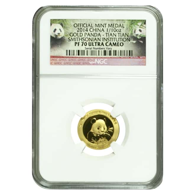 2014 1/10 oz China Smithsonian Proof Gold Panda Tian Tian Medal NGC PF 70 UCAM (w/Box & COA)