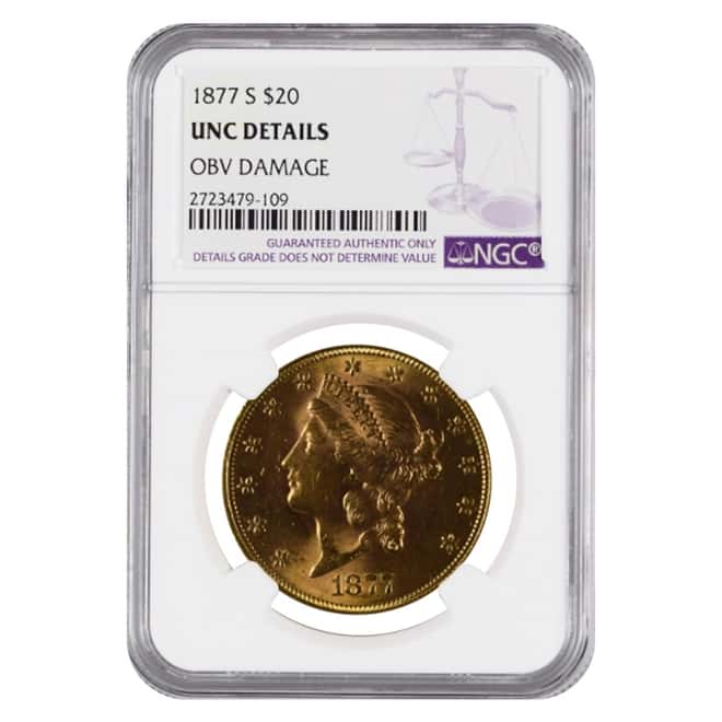 1877 S $20 Liberty Head Double Eagle Gold Coin NGC UNC Details