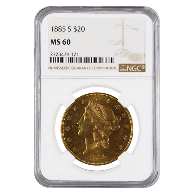 1885 S $20 Liberty Head Double Eagle Gold Coin NGC MS 60