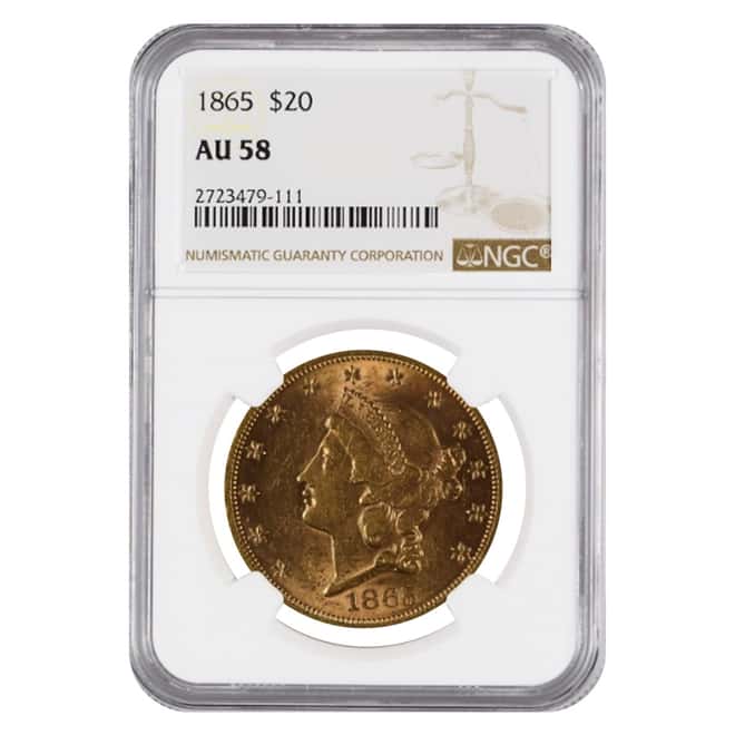 1865 $20 Liberty Head Double Eagle Gold Coin NGC AU 58